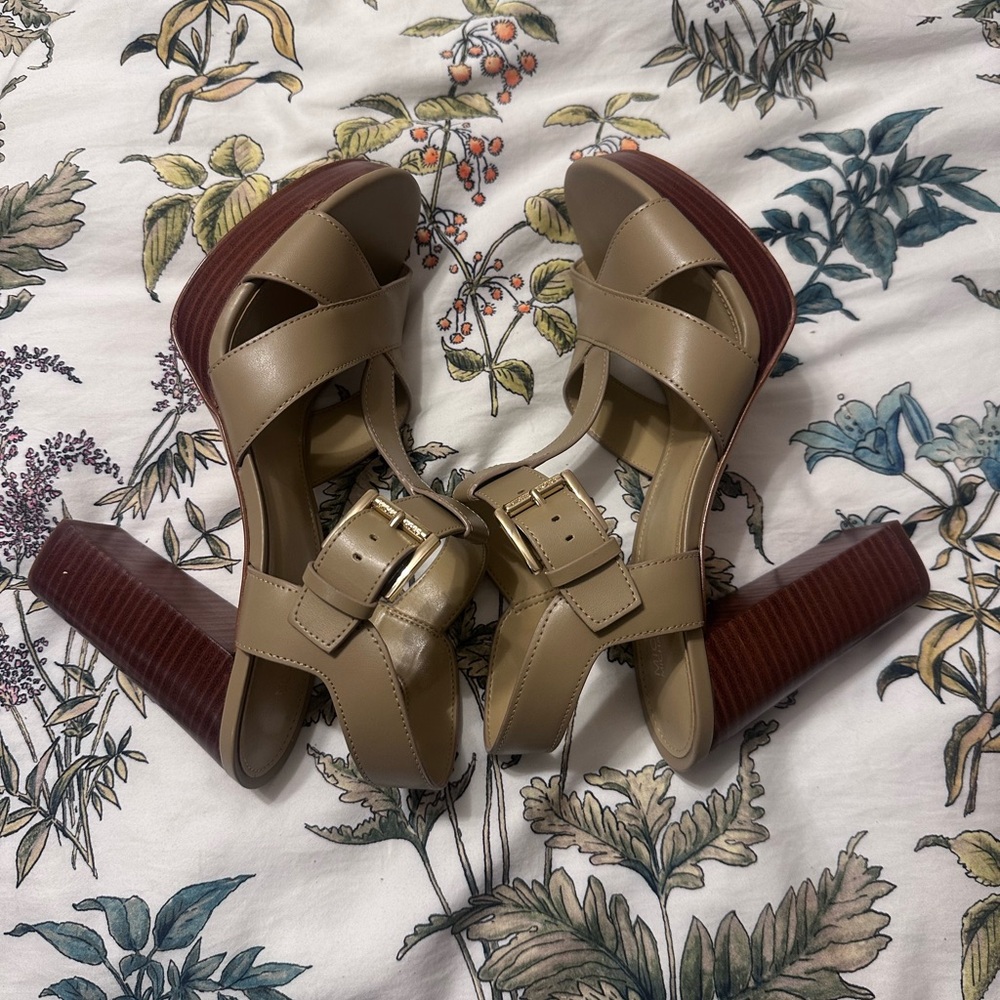 MICHAEL KORS Tan and Brown Block Heel Sandals